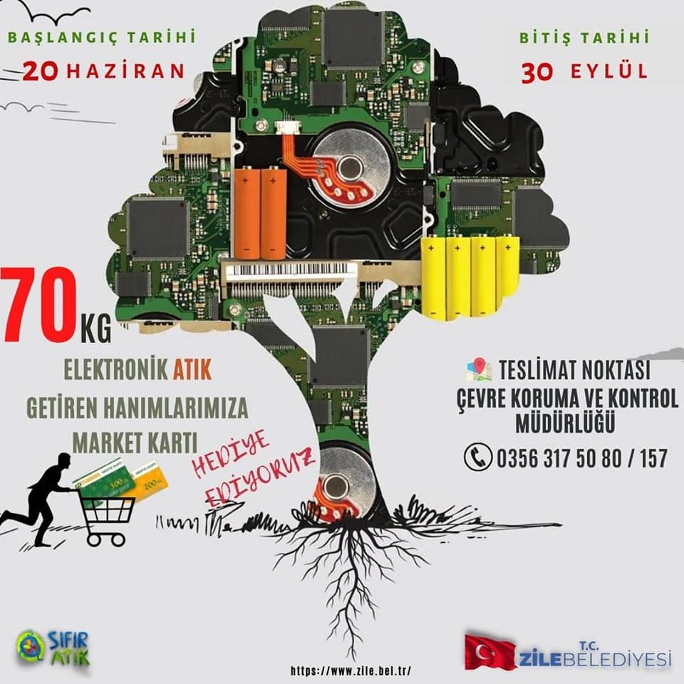 Zile Belediyesi 70 kg Elektronik Atık ve 5 kg Atık Yağ Getiren Hanımlarımıza Market Alışveriş Kartı Hediye Ediyor
