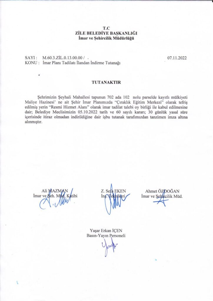 İmar Planı Tadilatı İlandan İndirme Tutanakları 07.11.2022