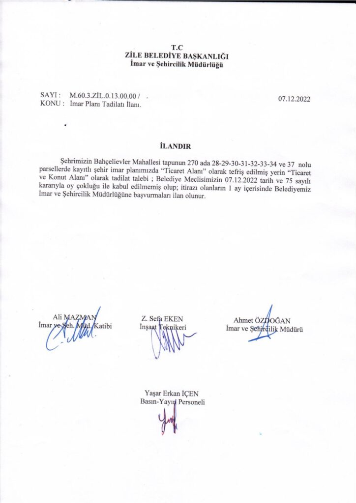 İmar Planı Tadilatı İlandan İndirme Tutanakları 07.12.2022