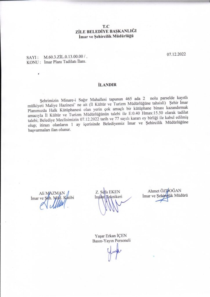 İmar Planı Tadilatı İlandan İndirme Tutanakları 07.12.2022