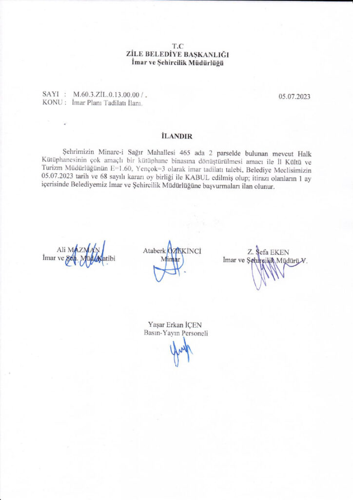 İmar Plan Tadilat İlanı 2 – 05.07.2023