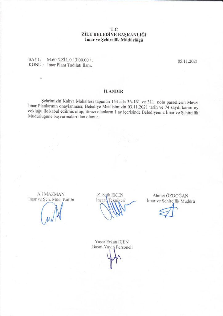 İmar planı Tadilat İlanı 05.11.2021
