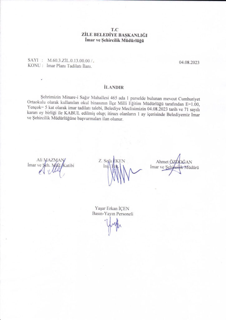 İmar Plan Tadilat İlanı  – 04.08.2023