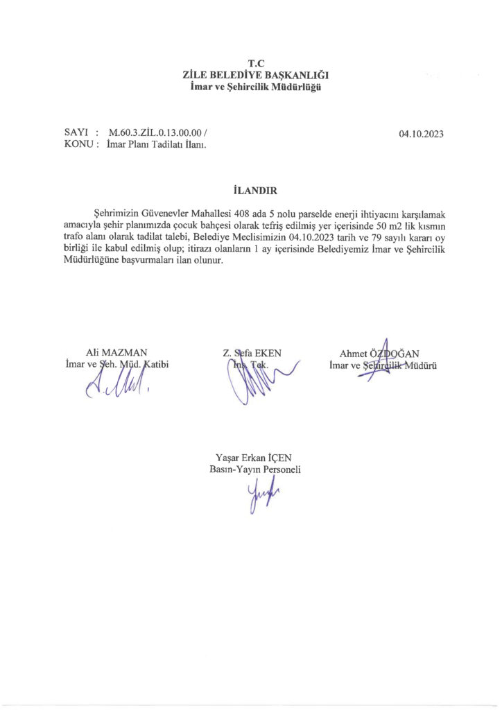 İmar Plan Tadilat İlanı – 04.10.2023