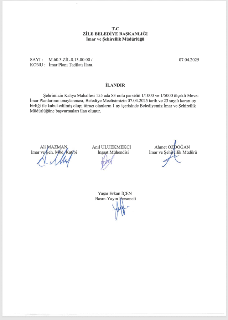 İmar Planı Tadilatı İlanı 07.04.2025