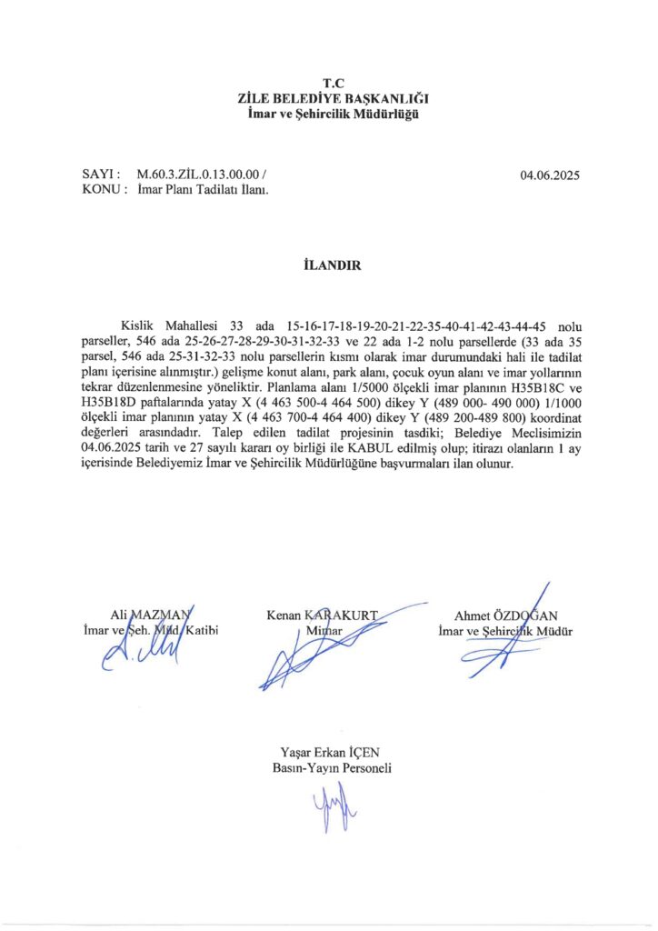 İmar Planı Tadilatı İlanı 04.06.2025