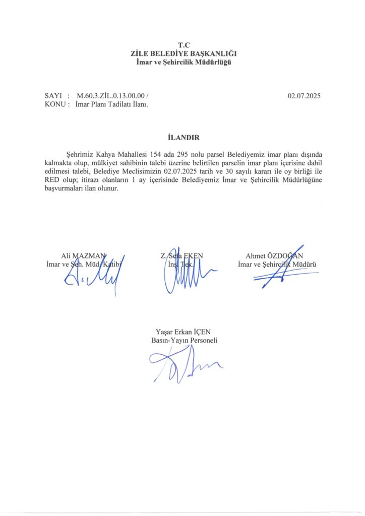 İmar Planı Tadilatı İlanı 02.07.2025
