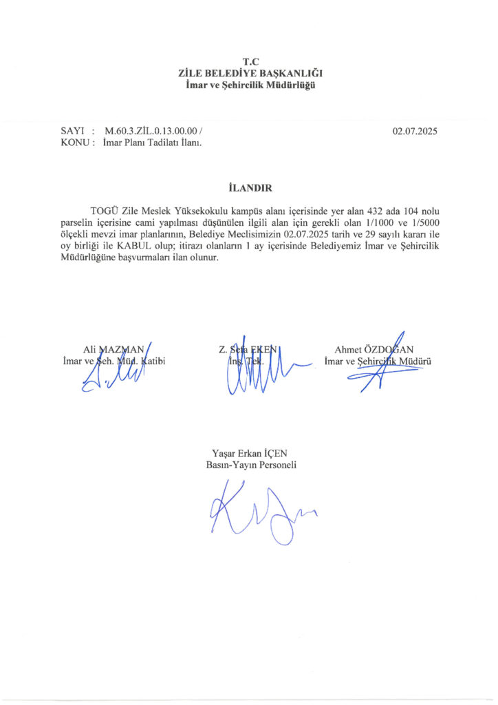 İmar Planı Tadilatı İlanı 02.07.2025