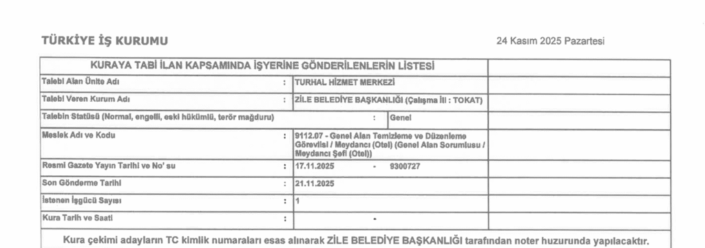 Zile Belediyesi İş Kurumu (İŞ-KUR) Üzerinden Sürekli (Kadrolu) İşçi Alımı Nihai Liste