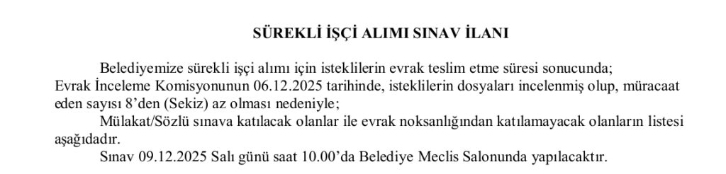 Sürekli İşçi Alımı Sınav İlanı