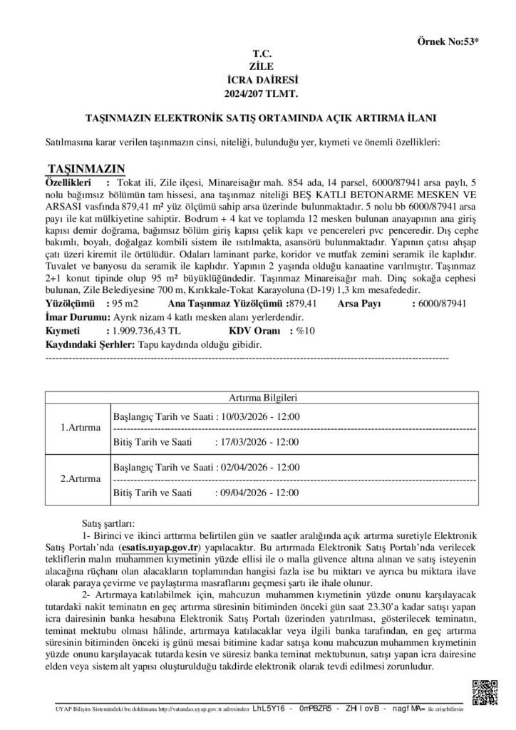 TAŞINMAZIN ELEKTRONİK SATIŞ ORTAMINDA AÇIK ARTIRMA İLANI