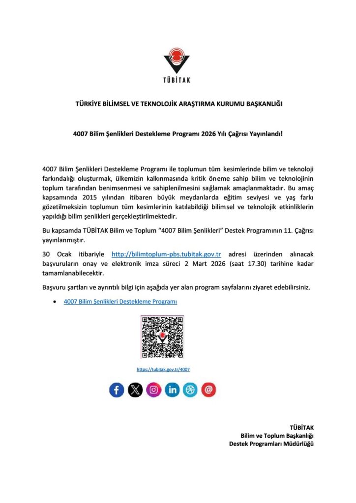 TÜRKİYE BİLİMSEL VE TEKNOLOJİK ARAŞTIRMA KURUMU BAŞKANLIĞI BİLİM ŞENLİKLERİ 2026 ÇAĞRISI