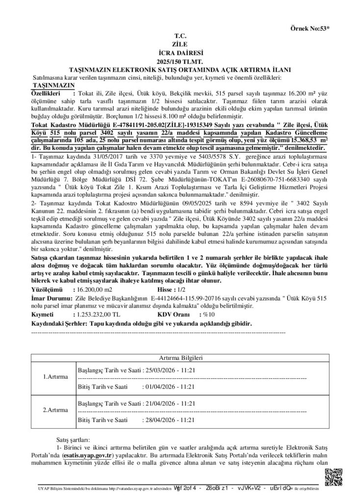 TAŞINMAZIN ELEKTRONİK SATIŞ ORTAMINDA AÇIK ARTIRMA İLANI