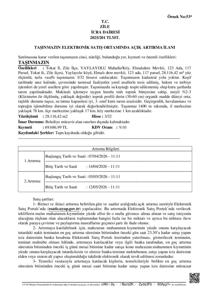 TAŞINMAZIN ELEKTRONİK SATIŞ ORTAMINDA AÇIK ARTIRMA İLANI