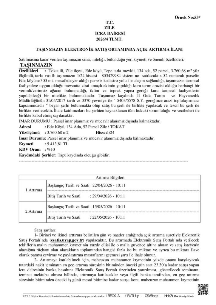 TAŞINMAZIN ELEKTRONİK SATIŞ ORTAMINDA AÇIK ARTIRMA İLANI