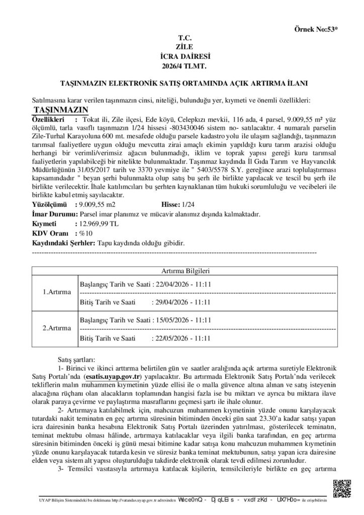 TAŞINMAZIN ELEKTRONİK SATIŞ ORTAMINDA AÇIK ARTIRMA İLANI