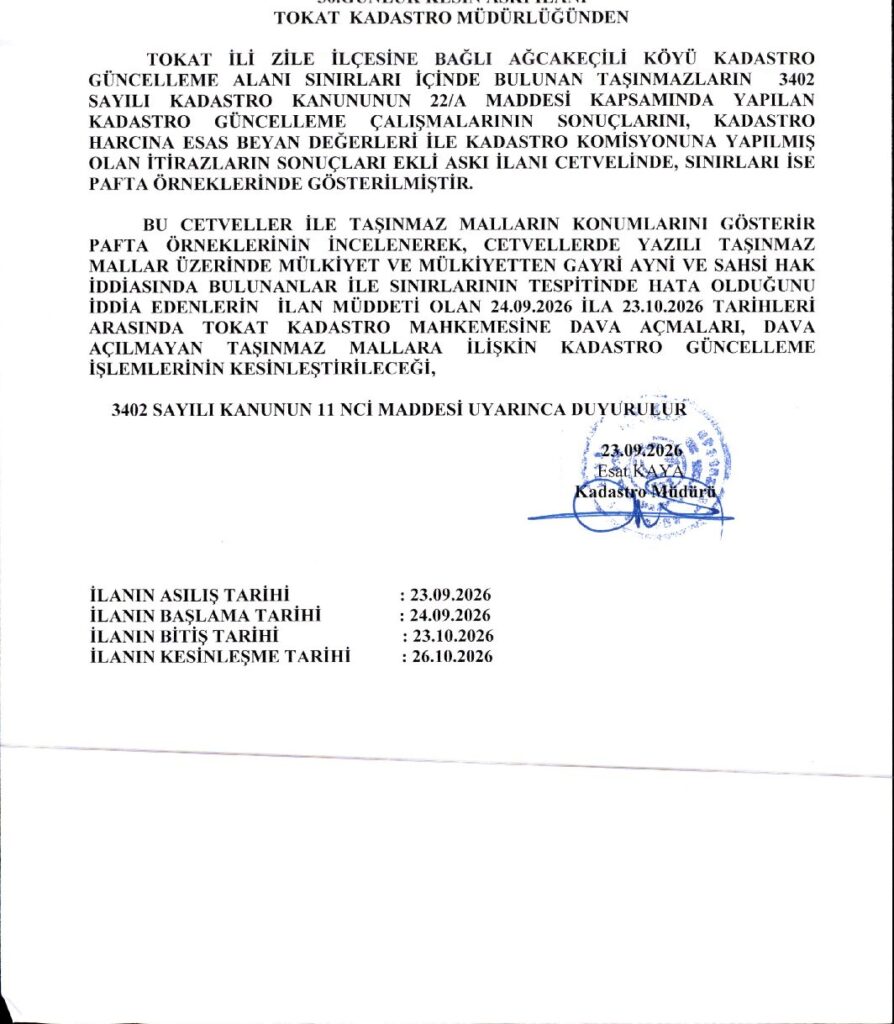 ТОКАТ KADASTRO MÜDÜRLÜĞÜNDEN