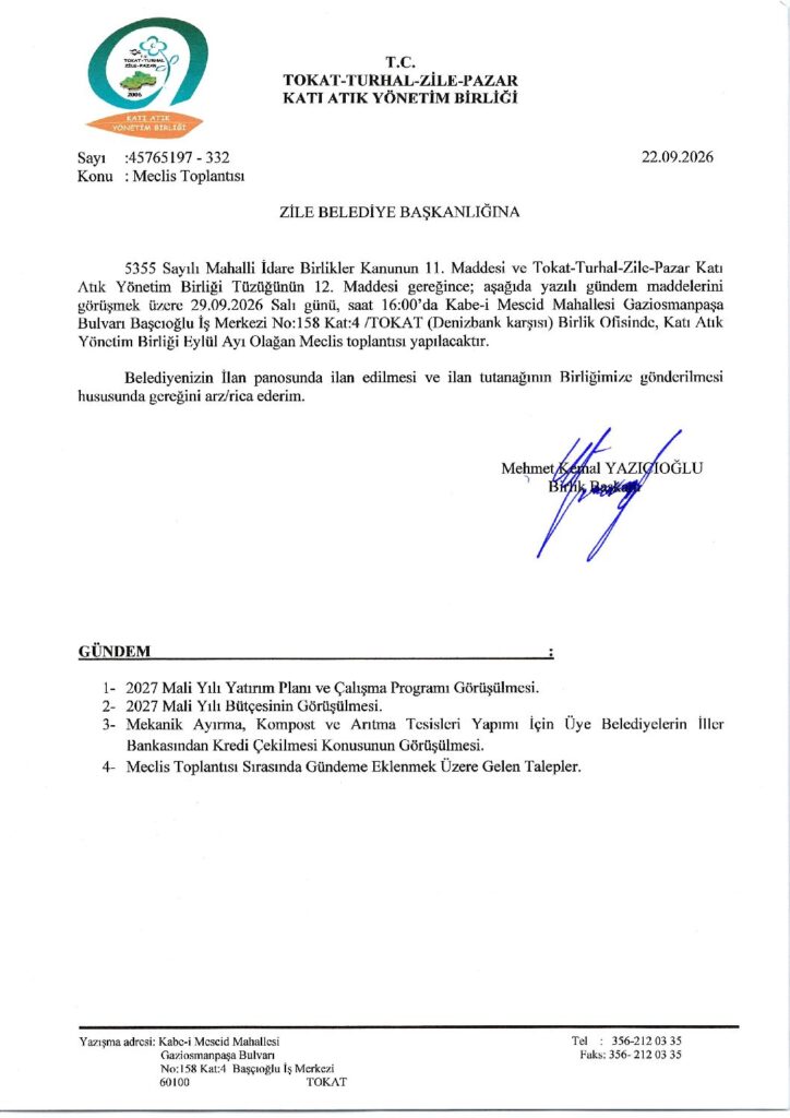 T.C. TOKAT_TURHAL-ZİLE _PAZAR KATI ATIK YÖNETİM BİRLİĞİ