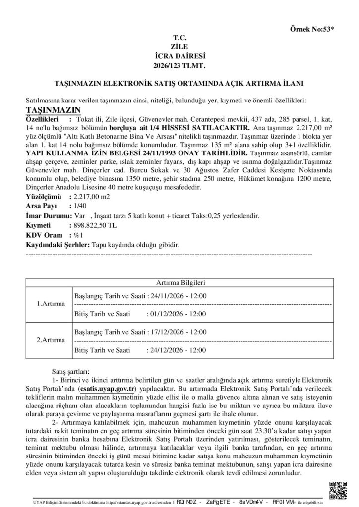 TAŞINMAZIN ELEKTRONİK SATIŞ ORTAMINDA AÇIK ARTIRMA İLANI